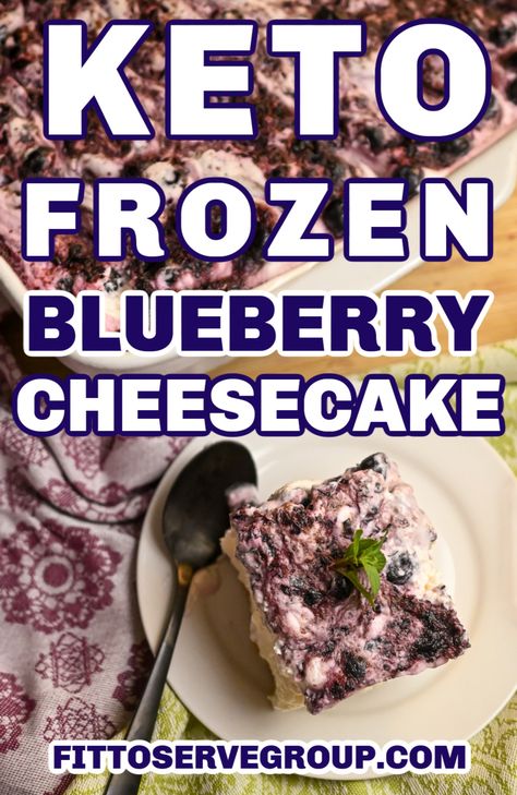 This keto frozen blueberry cheesecake features a creamy cheesecake and a fresh blueberry swirl. It's a no-bake keto blueberry cheesecake recipe cut into squares. Enjoy a low carb blueberry cheesecake that is easy to make and flat out delicious. No-bake keto blueberry cheesecake| gluten-free blueberry cheesecake|easy keto blueberry cheesecake recipe Keto Recipes With Frozen Blueberries, Keto Blueberry Cheesecake Recipes, Keto Blueberry Cheesecake, Frozen Blueberry Recipes, Low Carb Blueberry, Cheesecake Blueberry, Cheesecake Easy, Blueberry Cheesecake Recipe, No Bake Blueberry Cheesecake