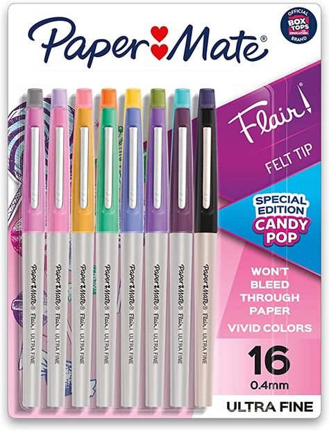 Amazon.com: Paper Mate Flair Felt Tip Pens, Ultra Fine Point, Limited Edition Candy Pop Pack, Box of 16 : Everything Else Papermate Flair Pens, Paper Mate Flair, Felt Tip Pens, Art Teen, Flair Pens, Crafts Drawing, Felt Tip Markers, Drawing Lettering, Planner Journaling