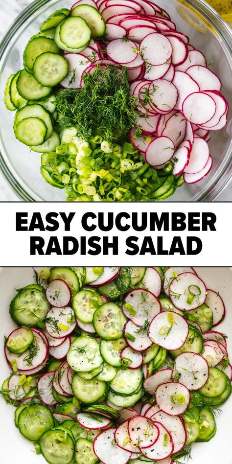 Radish Cucumber Salad, Cucumber Noodle Salad, Cucumber Radish Salad, Cucumber Salads, Cucumber Diet, Radish Recipes, Creamy Cucumber Salad, Radish Salad, Yogurt Dressing