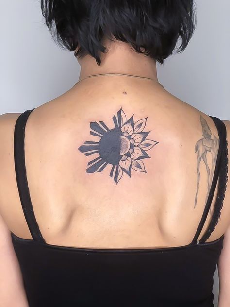 Filipino sun/mandala tattoo #filipinotattoo Sun Mandala Tattoo, Sun Tattoo Shoulder, Filipino Sun Tattoo, Philippines Tattoo, Filipino Sun, Sun Mandala, Filipino Tattoos, Tattoo Shoulder, Cross Tattoo For Men