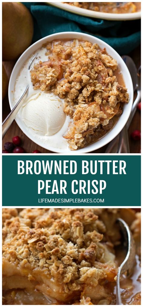 Browned Butter Pear Crisp Recipe Pear Crisp In Crockpot, Winter Crisp Recipe, Fall Fruit Crisp, Brown Butter Crumble, Holiday Pear Recipes, Pear Crumble Bars, Vegan Pear Crisp, Fall Crisp Recipes, Cinnamon Honey Baked Pears