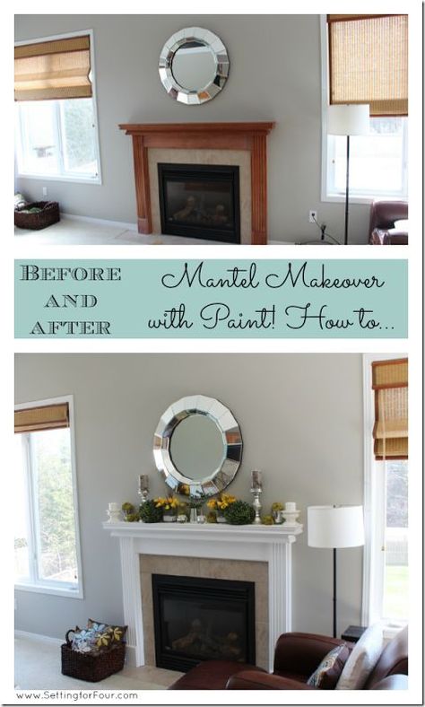 The Power of Paint! Painted Mantel Before and After! See how I gave this brown wood mantel a fresh white makeover! Painted Mantel, Mantel Makeover, Wood Mantel, Paint Tutorial, Paint Fireplace, Wood Fireplace Mantel, Trendy Living Rooms, Design Websites, Wood Fireplace