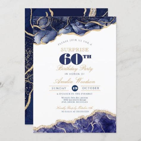 $3.05 | Surprise Adult 60th Birthday Party Elegant Agate #adult birthday, surprise party, navy blue, custom birthday, elegant, agate, any age birthday invitation, 60th birthday, blue and gold, nifty sixty 75th Birthday Invitations, Birthday Party Elegant, Birthday Elegant, 75th Birthday Parties, Surprise Birthday Invitations, Adult Birthday Invitations, 75th Birthday, Adult Birthday Party, 60th Birthday Party