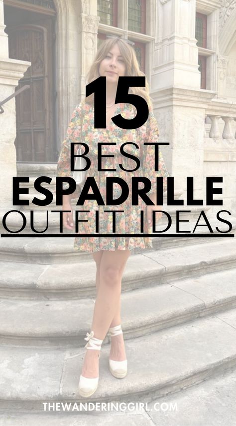 Save this pin for 15+ classy espadrille outfit ideas for summer and spring! If you want to wear platform espadrille outfits, black espadrilles outfits, wedge espadrilles outfits, outfits with espadrilles sandals, or white wedge espadrilles outfits, you'll love these ideas. Tap to learn how to style espadrille outfits now! Soludos Espadrilles Outfit, Espadrilles Outfit Work, Chic Ankle Strap Espadrilles, Outfits With Espadrilles Wedges, Chic Brown Summer Espadrilles, Elegant Black Summer Espadrilles, Chic Brown Ankle Strap Espadrilles, Platform Espadrilles Outfit, Espadrilles Outfit Dress