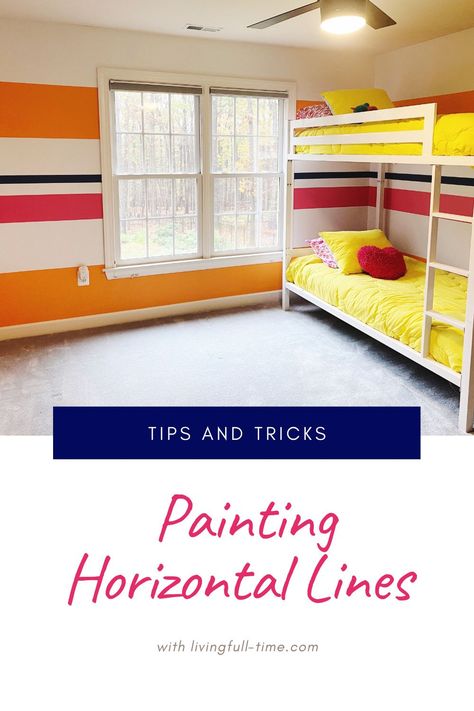 Painting horizontal stripes: how to keep them straight and crisp - Living. (full time) Vertical Painted Wall Stripes, Striped Painted Walls Horizontal, How To Paint Vertical Stripes On A Wall, Horizontal Rainbow Stripe Wall, Painting Horizontal Stripes, Painting Horizontal, Bubble Levels, Striped Walls, Paint Stripes