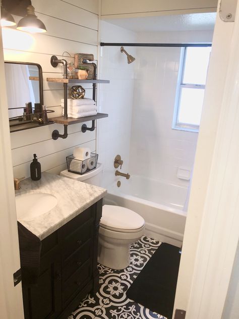 Black White And Gold Half Bathroom, Black Bathroom Vanity Farmhouse, Guest Bath Black Fixtures, Modern Farmhouse Bathroom Black Vanity, Black Bathroom Vanity, Ranch House Remodel, Modern Bathroom Remodel, Farmhouse Bathroom Vanity, Black Vanity Bathroom