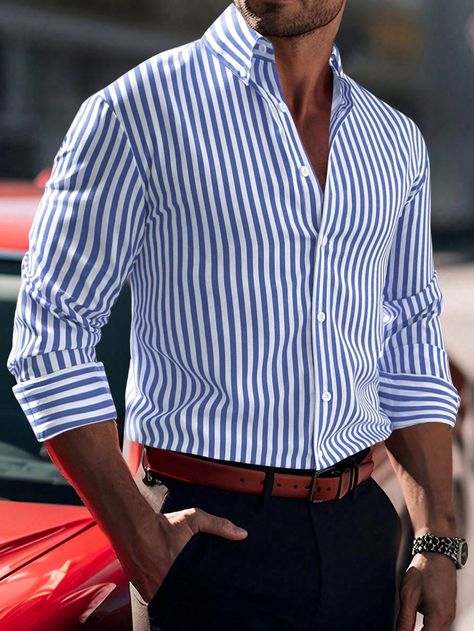 Navy Blue Casual Collar Long Sleeve Fabric Striped Shirt Embellished Slight Stretch  Men Clothing Stripes Men Outfit, Blue Striped Shirt Men, Blue Striped Shirt Outfit Men, Striped Shirt Outfit Men, Blue Shirt Outfit Men, Shirt Men Outfit, Blue Striped Shirt Outfit, Striped Shirt Outfit, Outfits With Striped Shirts