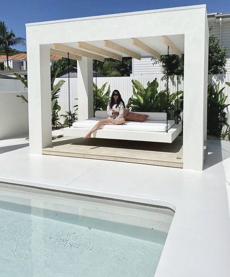 Swing chair cabana. #Swingchair #cabana #exterior #minimalism #design #monochrome #masseria #lamia #lighting #puglia #lifestyle #architecture #style #poolside #pool #planting Hamptons Pool, Ideas De Piscina, Blue Haven Pools, Pool Gazebo, Modern Pool House, Pool Inspiration, Day Beds, Outdoor Pool Area, Hamptons Coastal