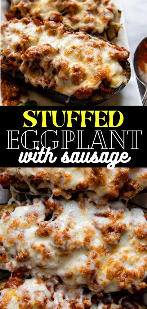 Stuffed eggplant boats with sausage are an easy gluten free and low carb dinner option the whole family will love! Use sweet Italian sausage, marinara and mozzarella cheese for an easy eggplant stuffing. Baked Stuffed Eggplant With Italian Sausage, Stuffed Eggplant Boats, Eggplant Cheese Recipes, Mediterranean Stuffed Eggplant, Eggplant Lasagna Boats, Sweet Italian Sausage Recipes Low Carb, Sausage Stuffed Eggplant Recipes, Eggplant Italian Sausage, Sausage Stuffed Eggplant