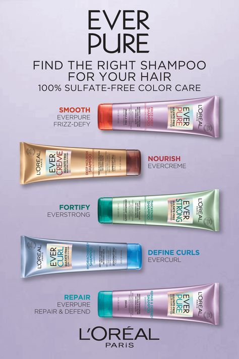 There is an EverPure for every hair need. EverPure Frizz to smooth, EverCreme to nourish, EverStrong to fortify, EverCurl to define curls, EverPure Repair to repair, & more. All 100% sulfate-free. Loreal Ever Pure Shampoo, Loreal Everpure, Long Face Short Hair, Define Curls, Korean Hair Color, Vegan Hair Care, Hair Care Products Professional, Cosmetics Photography, Vegan Hair