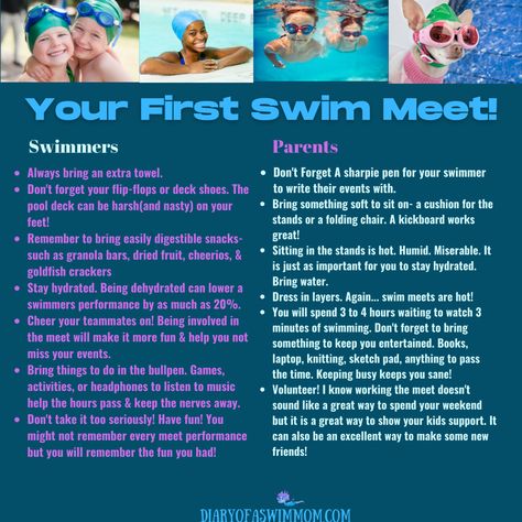 Swim Meet Writing On Back, Swim Meet Checklist, Swim Meet Themes, What To Pack For A Swim Meet, What To Bring To A Swim Meet, Swim Meet Packing List, Swim Team Mom, Swim Tips, Team Ideas