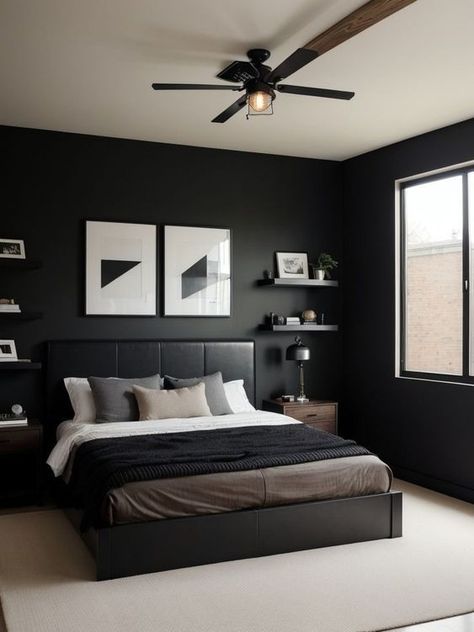 Modern Masculine Bedroom, Modern Mens Bedroom, Black Platform Bed, Black Walls Bedroom, Male Bedroom Ideas, Male Bedroom, Aesthetic Bedrooms, Mens Bedroom Decor, Black Bedroom Design