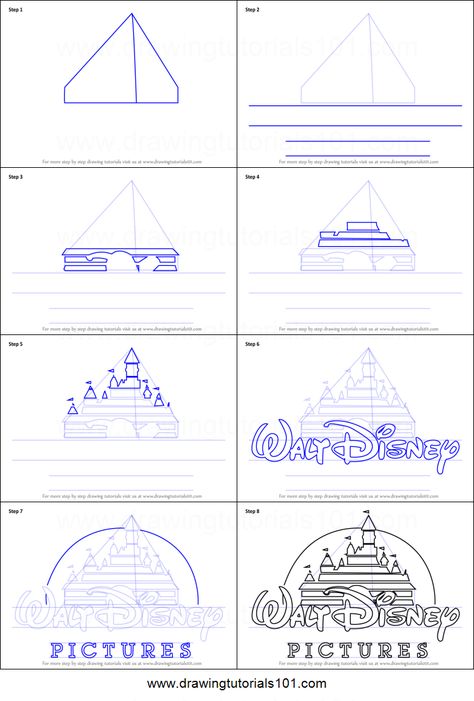 How to Draw Walt Disney Logo Printable Drawing Sheet by DrawingTutorials101.com Walt Disney Castle Drawing, Disney Logo Drawing, Disney Castle Logo, Disney Castle Drawing, Walt Disney Logo, How To Draw Disney, Walt Disney Castle, Chateau Disney, Disney Drawing Tutorial