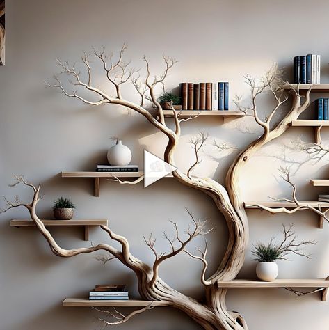 Tree Branch Diy, Branch Bookshelf, Bookshelf Floating, Branch Diy, Diy Wooden Shelves, Bookshelf Home, Home Bookshelves, Home Inspo Cozy, Tree Bookshelf