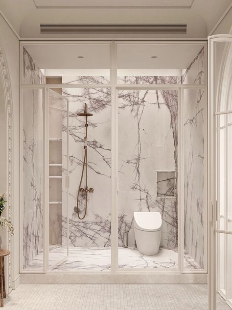 A Mellow Home Interior With Eastern Charm Modern Neoclassical Bathroom, Neo Classic Bathroom Interior Design, Neoclassical Interior Design Bathroom, Classical Washroom Interiors, Feminine Marble Bathroom, Parisian Style Bathroom, Neoclassical Bathroom, Parisian Style Interior, Green Floor Lamp