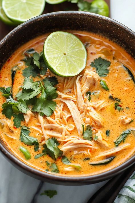 Thai Chicken Curry Soup is a vibrant, spicy, and creamy dish that blends traditional Thai flavors with tender chicken and veggies. Thai Veggie Soup, Thai Coconut Curry Chicken Soup Easy Recipes, Crockpot Thai Chicken Soup, Thai Red Curry Chicken Soup, Creamy Thai Soup, Keto Curry Soup, Wicked Thai Chicken Soup, Thai Chicken Curry With Coconut Milk, Thai Chicken Soup Recipes