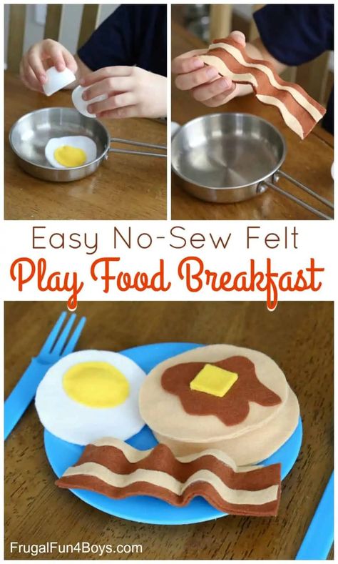 55 Felt Crafts Kids Can Make {No Sew, Sewing & Play Mats} Easy Felt Food No Sew, Felt Pancakes Diy, Diy Pretend Play Ideas, Felt Breakfast Food, Easy Felt Food Diy, Felt Play Food Diy, Diy Play Food For Kids, Diy Toy Food, Easy Felt Food