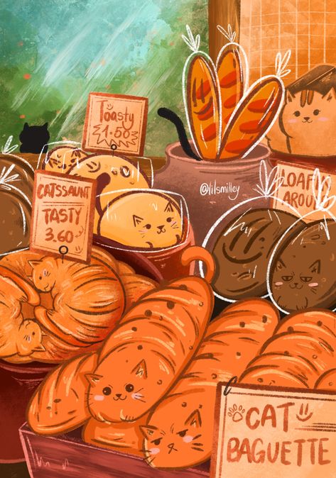 Cat As Food Art, Loaf Of Bread Illustration, Cats As Food Drawings, Cat Loaf Illustration, Cat Inspired Food, Baked Goods Illustration, Food Cat Drawing, Cat Bread Drawing, Cat Food Illustration