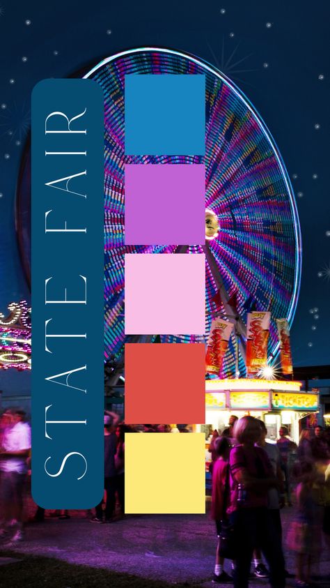 State Fair Color Palette by Felicity & Lilac Events Carnival Theme Color Palette, Carnival Colour Palette, Circus Colour Palette, Carnival Color Palette, Circus Color Palette, Indian Mela, Modern Carnival, Color Thesaurus, Carnival Design