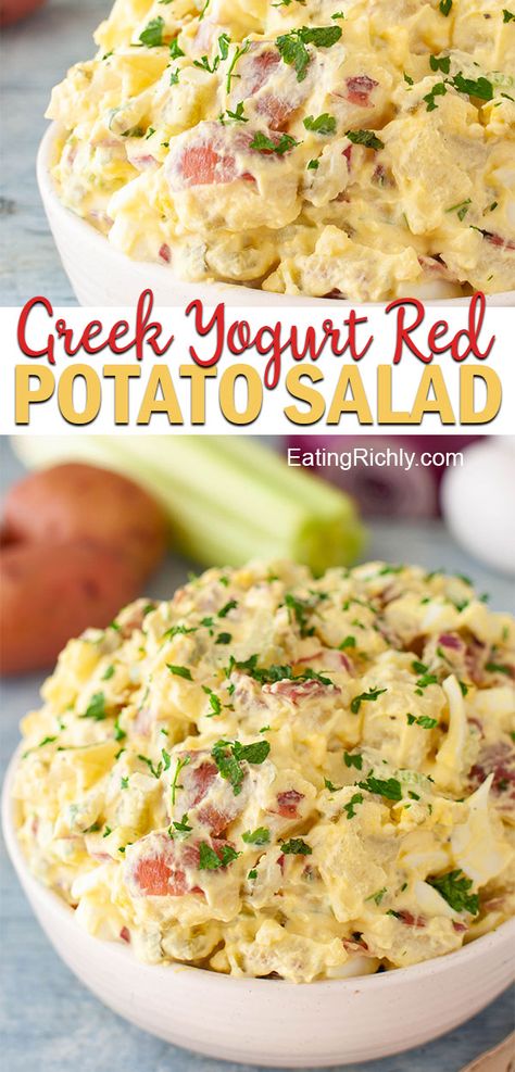 This red potato salad recipe lightens up a classic potato salad with Greek yogurt. And steaming potatoes in the microwave means it's done in 20 minutes! #potato #salad #recipe #sidedish #barbecue #ad #SideDelightsPotatoes Steaming Potatoes, Red Potato Salad Recipe, Potato Salad Mustard, Potato Salad Dressing, Salad Cucumber, Red Potato Salad, Potato Salad Recipe Easy, Potato Salad Healthy, Red Potato