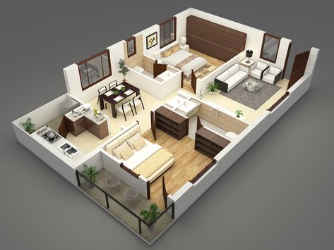 3D Floor Plans on Behance Single Floor House Design, Small Modern House Plans, 2bhk House Plan, 3d Floor Plans, Unique House Plans, Bungalow Floor Plans, 3d House Plans, Small House Layout, Small House Floor Plans