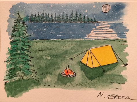 Watercolour Camping Scene, Watercolor Tent Camping, Simple Camping Painting, Watercolor Camping Scene, Camping Watercolor Painting, Watercolor Inspirations Beginner, Camping Drawing Illustrations, Campfire Watercolor, Tent Watercolor