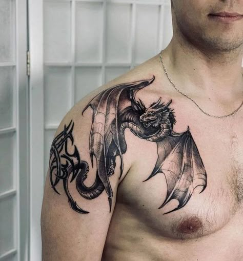 Shoulder can be impressive place for dragon tattoo Dragon Over Shoulder Tattoo, Man Tattoo Ideas Arm, Dragon Tattoo Shoulder Men, Dragon Tattoos For Men Shoulder, Dragon Shoulder Tattoo For Men, Dragon With Wings Tattoo, Shoulder Dragon Tattoo, Dragon Chest Tattoo, Dragon Shoulder Tattoo