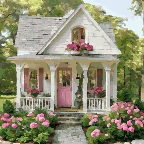 Light Pink House Exterior, Cottage Core House Exterior, Light Pink House, Pink House Exterior, Pink Cottage Core, House Sims 4, Witchy Cottage, Fairytale Houses, Cottage Core House