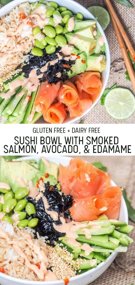 Gluten Free Sushi, Smoked Salmon Sushi, Salmon Smoked, Sushi Bowl Recipe, Asian Dinner, Avocado Bowl, Japanese Desserts, Smoked Salmon Recipes, Power Bowl