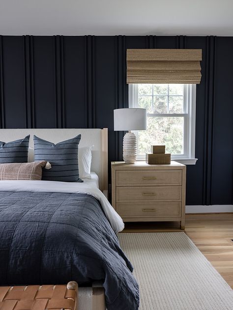 OVERLEA | Sho and Co STUDIO Beadboard Bedroom Walls, Dark Beadboard, Beadboard Bedroom, Blue Beadboard, Moody Master, Moody Home Decor, Blue Accent Walls, Bedroom Bliss, Farmhouse Master