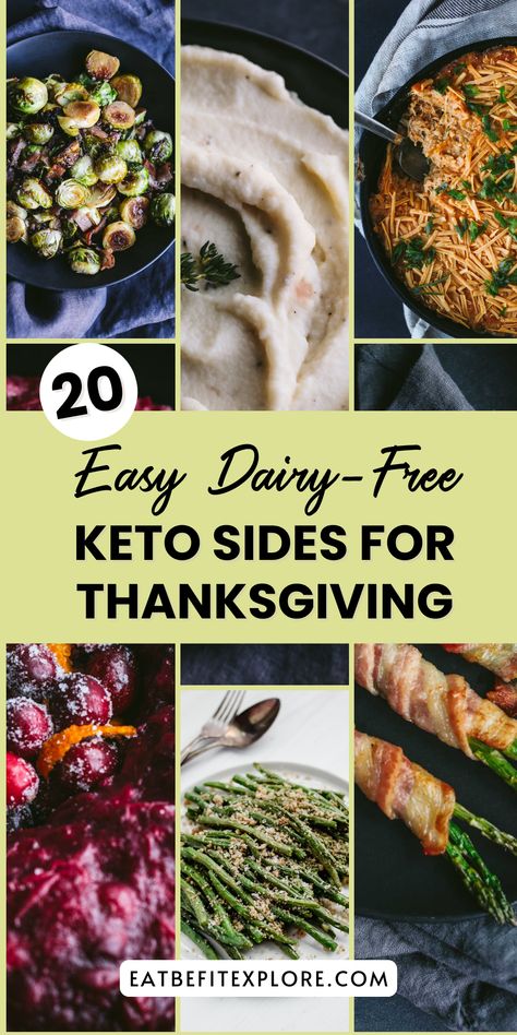 Image with keto sides and title "20 Easy Dairy-Free Keto Sides for Thanksgiving" Low Carb Non Dairy Recipes, Lactose Free Thanksgiving Recipes, Keto Side Dishes Dairy Free, Thanksgiving Sides Low Carb, Low Carb Sides For Thanksgiving, Keto Dishes For Thanksgiving, Keto Side Dishes For Thanksgiving, Carb Free Thanksgiving Sides, Non Dairy Side Dishes