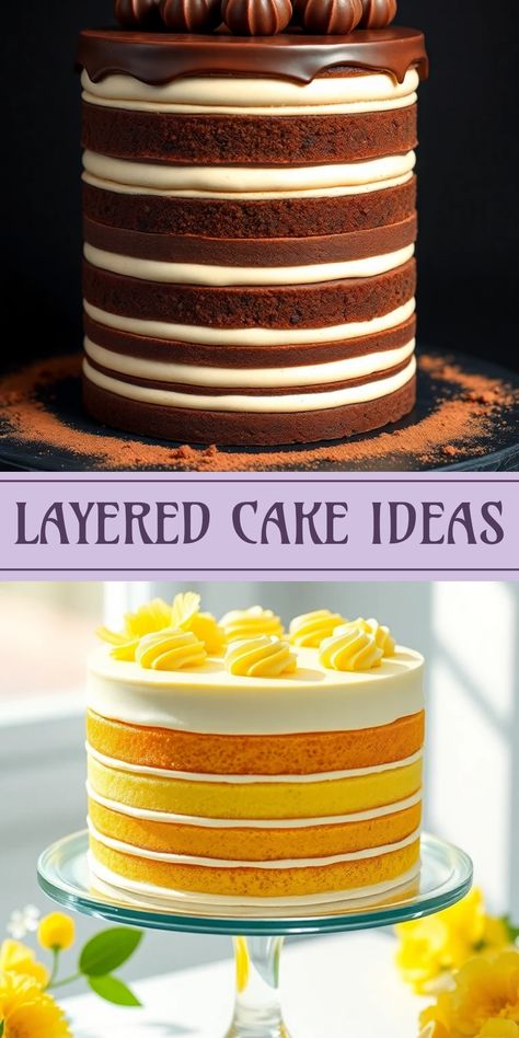 A collage featuring creative layered cake ideas such as Chocolate Mille Feuille and zesty Lemon cakes. Perfect for any celebration, showcasing colorful layers and delicious flavors. Layered Cake Ideas, Mandarin Cake, Durian Cake, Layered Cakes, Tall Cakes, White Frosting, Moist Cake, Layered Cake, Celebration Cake