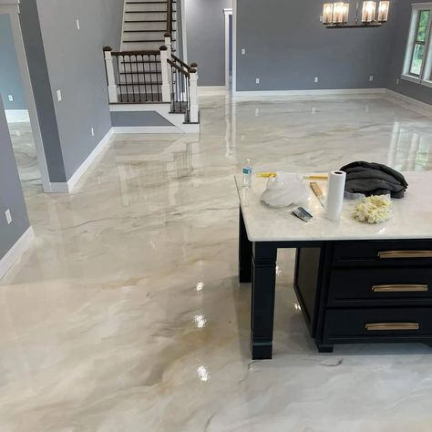 Metallic Epoxy Flooring Concrete Epoxy Floor, Blue Kitchen Designs, House Basement, Concrete Epoxy, Metallic Epoxy Floor, Epoxy Floors, Epoxy Flooring, Basement House, Epoxy Floor