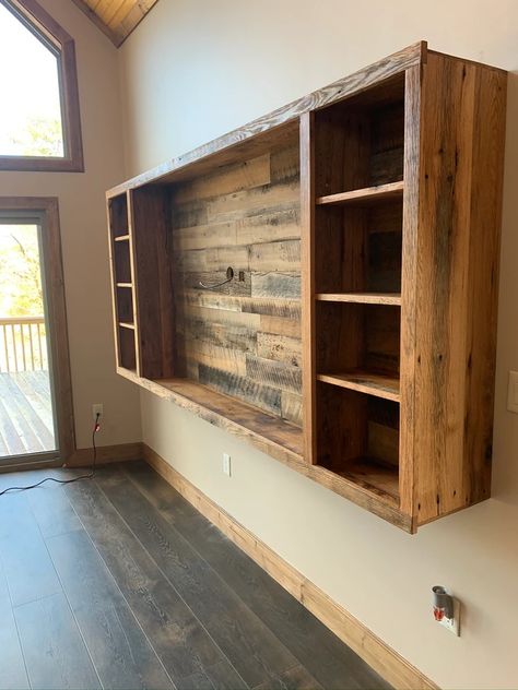 Reclaimed wood floating entertainment center | GALLERY Entertainment Center Under Mounted Tv, Reclaimed Wood Entertainment Center, Tv Entertainment Wall Rustic, Hanging Tv Entertainment Center, Wall Mounted Tv Rustic, Diy Large Tv Stand, Pallet Entertainment Center Diy, Wood Wall Tv Mount, Pallet Wood Entertainment Center