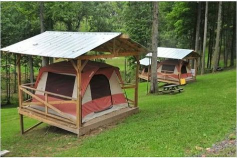 Hipcamp Ideas, Permanent Campsite Ideas, Glamping Campsite, Campsite Ideas, Tent Platform, Zelt Camping, Retro Camping, Best Tents For Camping, Cabin Tent