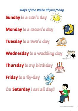 Days of the week rhyme/song Teaching Days Of The Week, Days Of The Week Worksheet, Rhyming Poems For Kids, English Poems For Kids, Rhymes Lyrics, Nursery Rhymes Lyrics, English Rhymes, Nursery Rhymes Activities, Song English