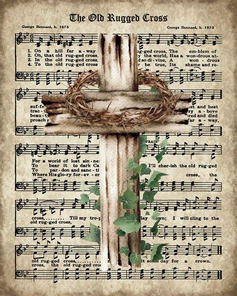 Cross Watercolor, Hymnal Crafts, Printable Hymns, The Old Rugged Cross, Sheet Music Crafts, Hymn Art, Hymn Sheet Music, Book Page Wreath, Rugged Cross