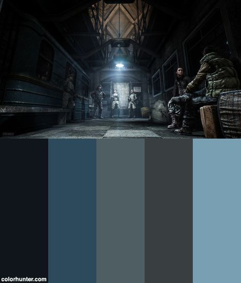 Metro: Last Light Redux / Waiting For You Color Scheme from colorhunter.com Scifi Color Pallete, Horror Color Palette, Eye Inspiration, Metro Last Light, Theatre Lighting, Review Board, Palette Design, Relaxing Colors, Production Design