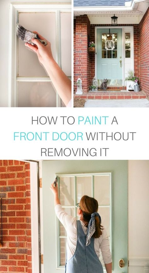 Easy DIY steps on how to paint an exterior door in a matter of hours.  This simple project will improve your house curb appeal.  Two color suggestions like Wythe Blue by Benjamin Moore, white and other colors from Sherwin Williams.  Ideas for a door with a window for small front porches, larger porches or no porch at all.  It also helps you deal with painting around hardware.  Tips, tutorials and projects for your home. #paint Painted Exterior Doors, Wythe Blue, Paint Colors For House, Exterior Door Colors, Colors For House, Front Door Makeover, Pintura Exterior, Painted Front Doors, Exterior Paint Colors For House