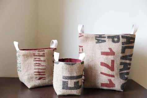 Coffee Burlap Sacks Projects, Coffee Sack Ideas, Coffee Bag Crafts, Recycled Coffee Bags, Coffee Bean Sacks, Burlap Coffee Bags, Coffee Bean Bags, Craft Show Booths, Coffee Sacks