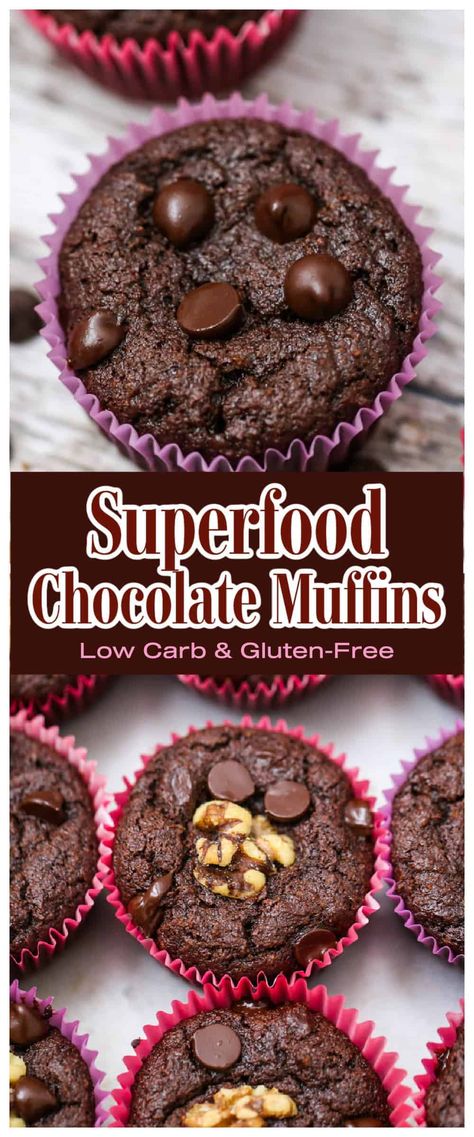 Low Carb Cocao Bliss Cake Muffins - Chocolate lovers will totally be down with these delicious, guilt-free Low Carb Cocao Bliss Cake Muffins!  Made with no butter, grains, or sugar, these healthy, superfood chocolate cake muffins are paleo, gluten-free, sugar free, keto-friendly and dairy free.  #lowcarb #muffins #chocolatemuffins #chocolatecake #superfood #superfoodmuffins #cocoa #cocaobliss #keto #glutenfree #paleo #rawcocoa Low Carb Chocolate Cake, Easy Chocolate Desserts, Homemade Chocolate Cake, Cake Muffins, Easy Chocolate Chip Cookies, Sugar Free Chocolate Chips, Healthy Sugar, Low Carb Chocolate, Healthy Comfort Food