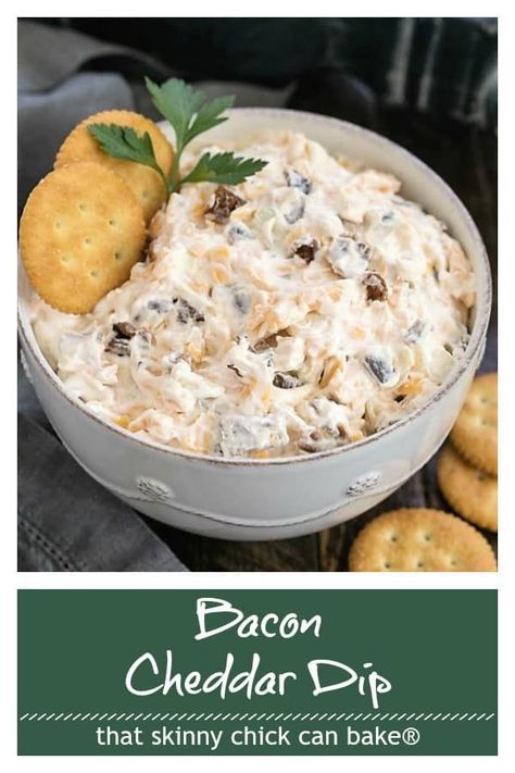 Bacon Cheddar Cheese Dip - a super easy appetizer that's impossible to resist! #dip #cheddar #bacon #crackdip #milliondollardip #gameday #thatskinnychickcanbake Cheddar Cheese Dip, Bacon Cheddar Dip, Cold Dip Recipes, Cheddar Dip, Bacon Dip, Bacon Cheddar, Fun Easy Recipes, Cheese Dip, Bacon Cheese