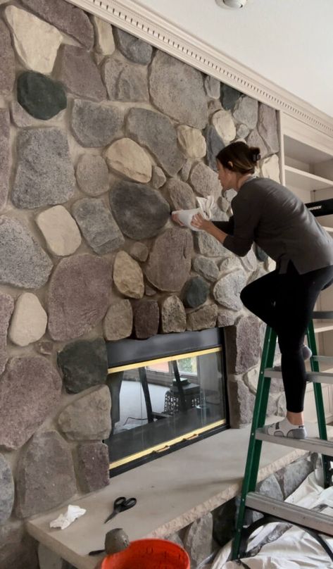 Updating Your Fireplace, Trim Around Stone Fireplace, Over Grouted Fireplace, Gas Fireplace Surround Ideas Stone, Resurface Stone Fireplace, Grouted Stone Fireplace, Update Stone Fireplace, Old Stone Fireplace Makeover, Over Grouted Stone