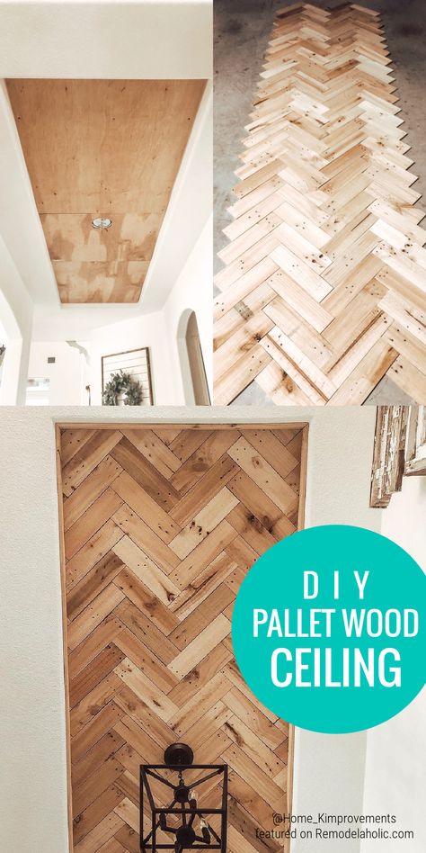 Add texture, interest, and farmhouse charm to your CEILING with this simple DIY pallet wood ceiling tutorial. A great idea for updating a recessed tray ceiling inset or any ceiling. #woodceiling #palletwoodceiling #farmhouseDIY Ceiling Accent Over Island, Bedroom Ideas With Wood Ceiling, Wood Ceilings Hallway, Different Ceilings Ideas, Pantry Ceiling Ideas, Wood Ceiling Ideas Farmhouse Style, Kitchen Ceiling Ideas Wood, Interior Diy Projects, Wood Panel On Ceiling