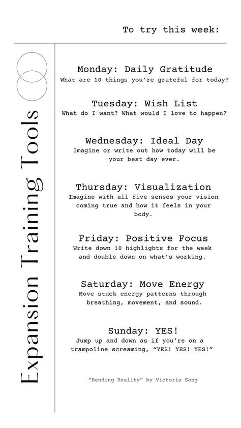 Different tool to reach expansion each day Monday through Sunday. Monday Journal, Victoria Song, Double Down, Daily Gratitude, Weekly Menu, The Impossible, Training Tools, Wall Street Journal, Best Day Ever