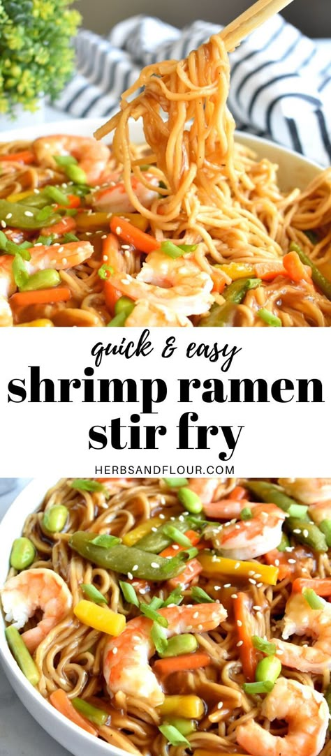 Easy Shrimp Ramen, Shrimp Ramen Noodle Recipes, Shrimp Ramen Recipes, Shrimp And Vegetable Skillet, Shrimp Noodles Recipes, Top Ramen Recipes, Koreansk Mad, Ramen Noodle Recipes Easy, Vegetable Skillet