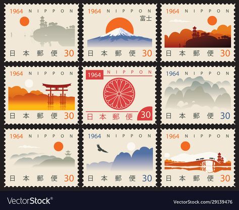 Japanese Stamps Vintage, Japanese Stamp Design, Japanese Postage Stamps, Japan Stickers Printable, Post Stamp Design, Stamp Design Ideas, Old Postage Stamps, Japanese Stamps, Japan Stamp