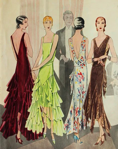 Gods and Foolish Grandeur: A rocky descent - transitional hemlines, circa 1928-30 1920s Evening Gowns, 1920s Evening Dress, 1930 Art, 1920 Fashion, Gilmore Girl, 20th Century Fashion, 20s Fashion, Military Wife, 1920s Dress