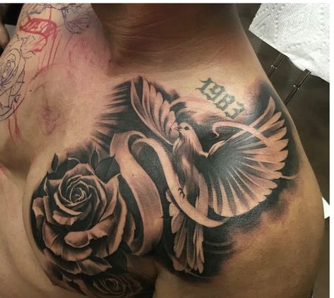 Dove And Rose Tattoo, Chest Tattoo Men Ideas, Tattoo Men Ideas, Dove Tattoo Design, Dove Tattoos, Bird Tattoo Wrist, Dove Tattoo, Men Tattoos Arm Sleeve, Mens Shoulder Tattoo