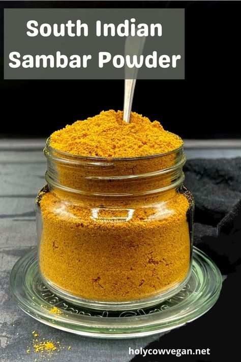 A sambar powder or sambhar podi is an Indian spice mix made by roasting and then blending together spices and legumes. It adds the most amazing flavor and texture to south Indian style dals called sambar or kuzhambu, but you can also use it in stir-fried vegetable curries and other dals. Sambar Powder Recipe, Vegetable Curries, Sambhar Recipe, Indian Spice Mix, Podi Recipe, Andhra Recipes, South Indian Breakfast Recipes, Masala Powder Recipe, South Indian Style